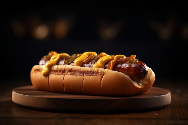 hotdog on a wooden plate dark backgroundcloseup