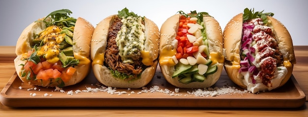 Foto hotdogs gevuld met vlees en groenten op een tafel