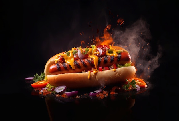Hotdogs in brand op donkere achtergrond