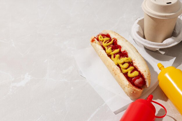 Foto hotdogsaus in flessen en papieren beker op lichte achtergrondruimte voor tekst