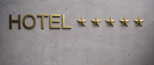 Photo hotel 5 stars gold color sign on concrete backgroundl 3d illustration