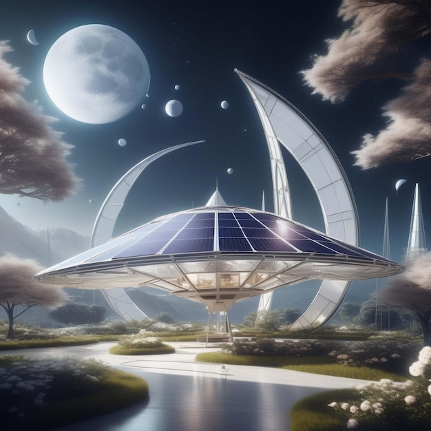달이 가득한 아름다운 하늘을 가진 외계 행성의 호텔 현대