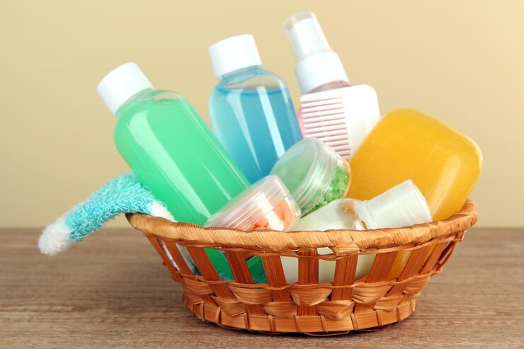 Photo hotel amenities kit on table on beige background