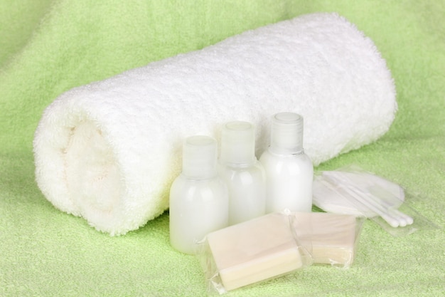 Hotel amenities kit on towel