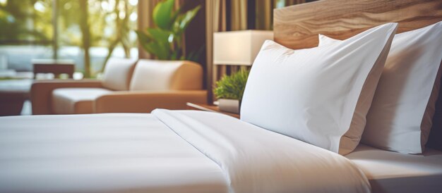 Photo hotel bedroom with white pillow and wooden bed closeup