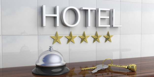 Photo hotel bell and keys on a reception counter 3d illustration