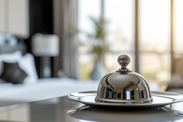 Foto un campanello dell'hotel su un piatto su un tavolo