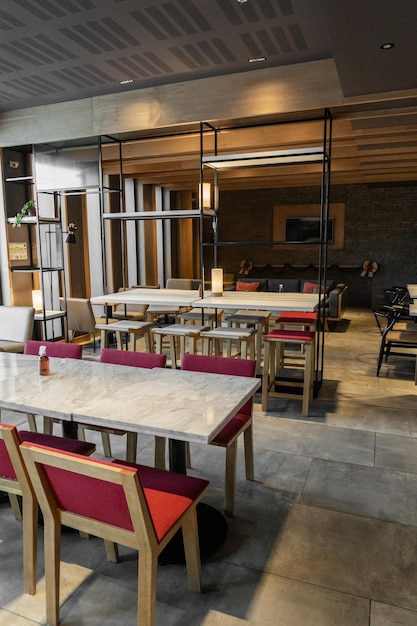 Hotel breakfast bar with tables