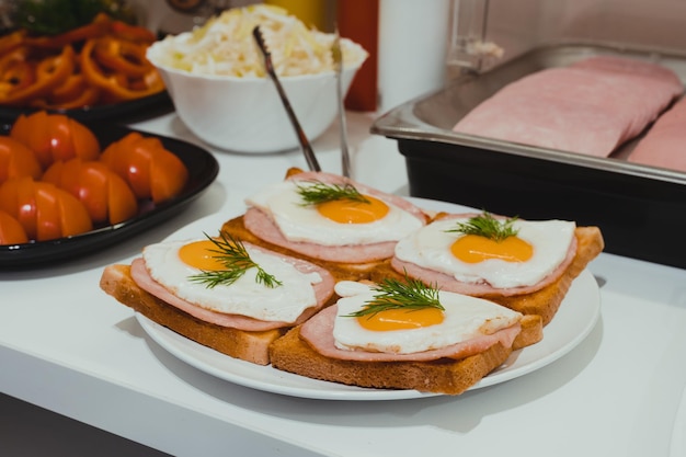 Hotel breakfast with eggs sandwich