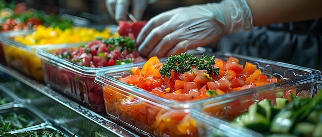 Photo hotel buffet worker in halal kitchen wearing gloves prepares salads in containers concept hotel buffet halal kitchen gloves salad food preparation