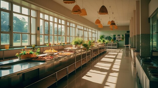 Hotel cafeteria ready for breakfast Generative AI