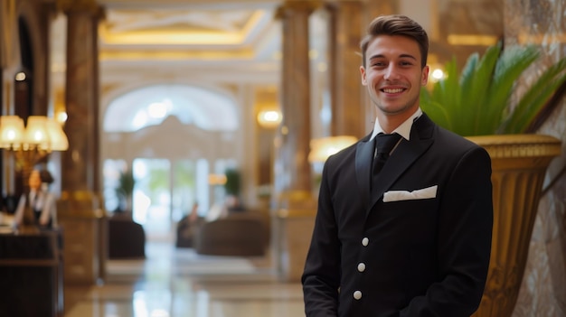 Hotel concierge in uniform smiling