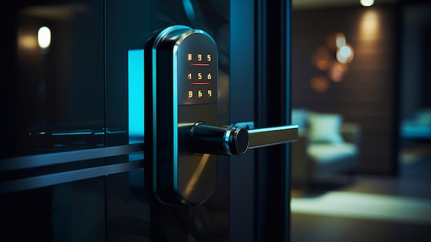 ホテルのドアセキュリティ 携帯電話のアプリケーションによるロック解除 アクセスドアのデジタルドアロックキーレスシステム クローズアップと選択フォーカス 生成AI