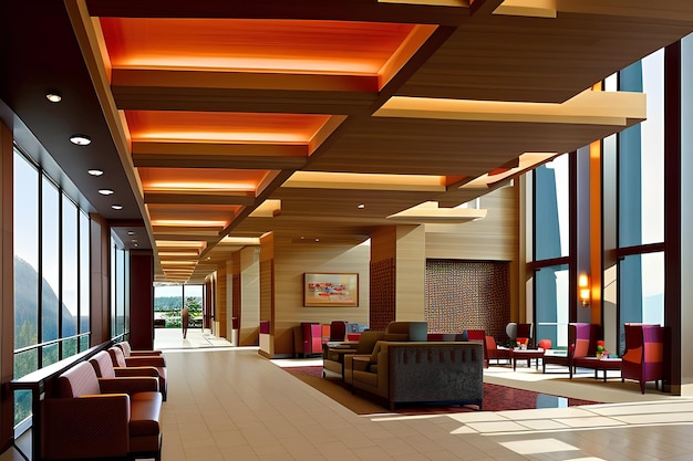 호텔 인테리어 디자인은 더 큰 움직임의 느낌을 위해 한 높이와 하천을 가지고 있습니다.