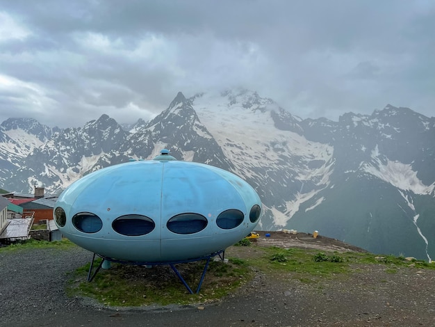 Hotel is in the form of a flying saucer on the mountain flying saucer in the mountains UFO