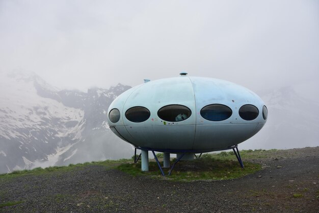 Hotel is in the form of a flying saucer on the mountain flying saucer in the mountains