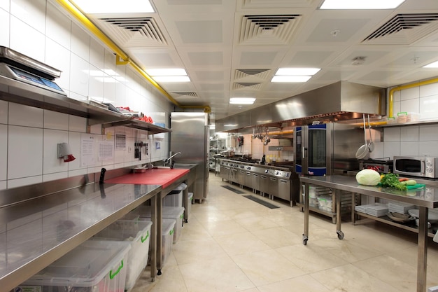 Hotel kitchen interior. Nobody inside at day.