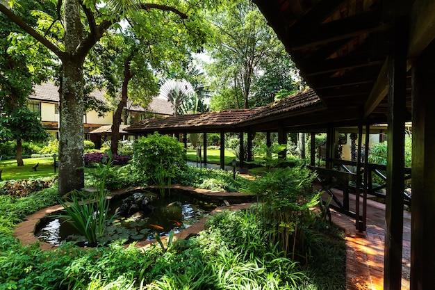 Hotel, landscape, leisure, travel, lake, trees, shrubs, flowers, bridge, pond with fish, gold fish