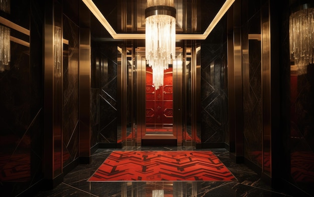 Hotel Lift with Mirror Mosaic Interior and Chandelier Generative AI