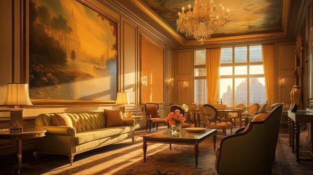 A hotel living room is decorated in gold color