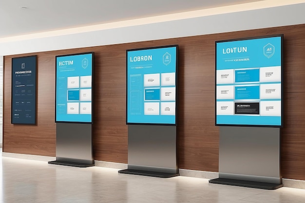 Photo hotel lobby digital information board mockup featuring blank screens for customization