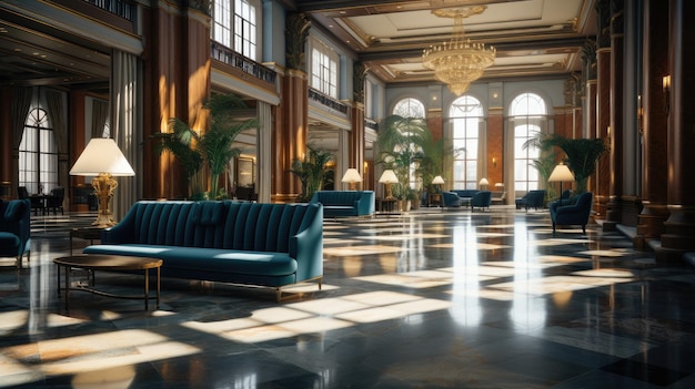 Foto l'interno della hall dell'hotel con reception, divani, pavimento in marmo e lungo bar