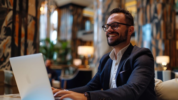 a hotel lobby oasis for the driven professional a photorealistic image of an executive at work