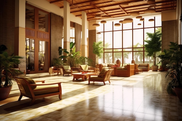 Hotel lobby with asian style furniture profesional photograpy Ai Generated
