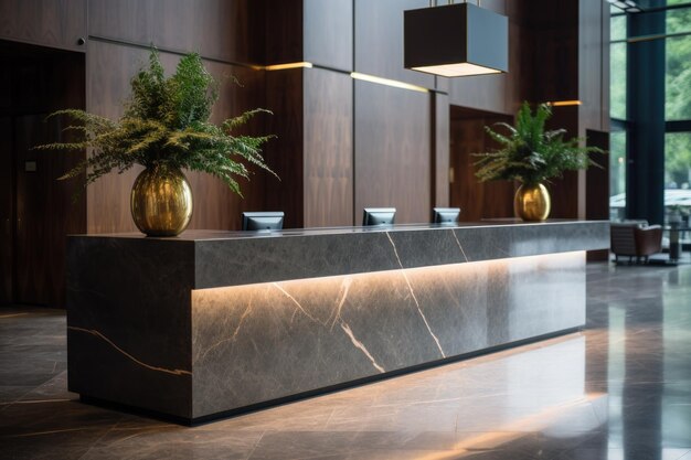 Hotel luxury style reception desk with pendants in a lobby interior