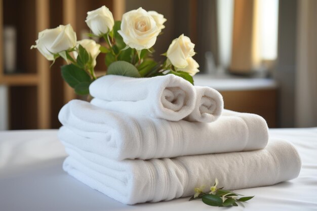 A hotel maid stacked towels on the bed and placed flowers on the towels in a hotel room