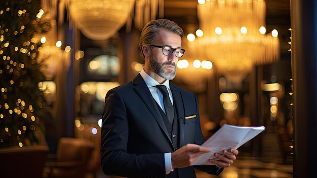 hotel manager standing in lobby wearing black suit and glasses holding documents