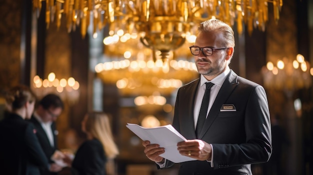 the hotel manager stood in the lobby wearing a black coat and glasses holding a document