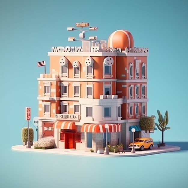Миниатюрное глиняное мультяшное здание отеля, созданное AI