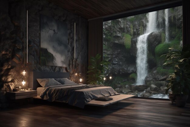 Photo hotel in the mountains luxury interior bedroom with glass windows overlooking a beautiful waterfall