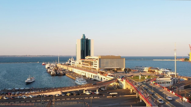 Hotel odessa and the cruise ship terminal at odesa port view from the potemkin stairs evening city a