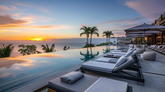 hotel pool area featuring infinity pool and cabanas at sunset