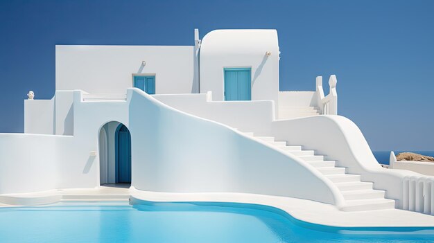 Hotel pool in the sunny day with blue water and white buildings Resort architecture with swimming pool