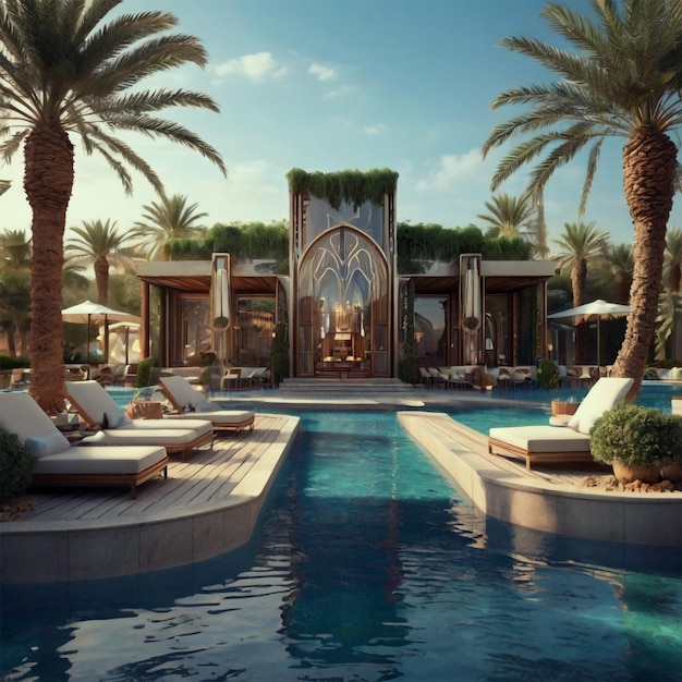 a hotel pool with palm trees