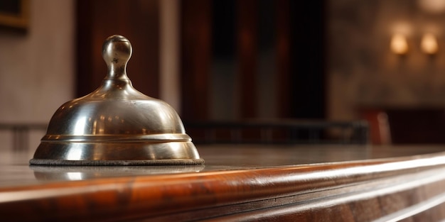 Hotel Reception counter desk with bell close up