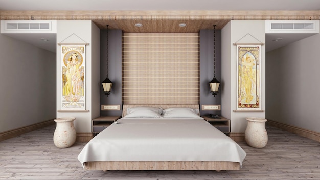 Гостиничный курортный номер 3d рендеринга. Визуализация дизайна интерьера спальни в тропическом и минималистском стиле.