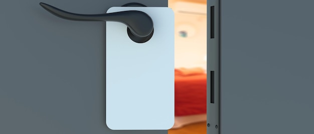 Photo hotel room blank hanger empty white label on door knob 3d illustration