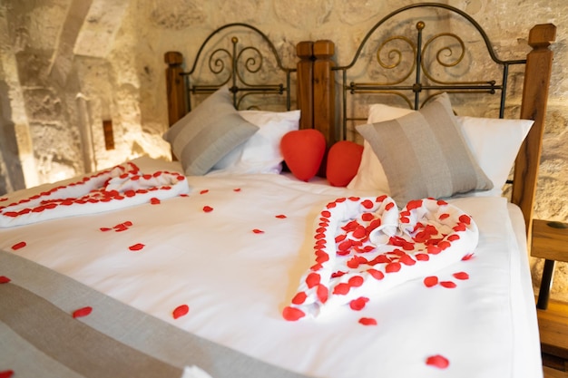 Hotel room for a couple in love with hearts