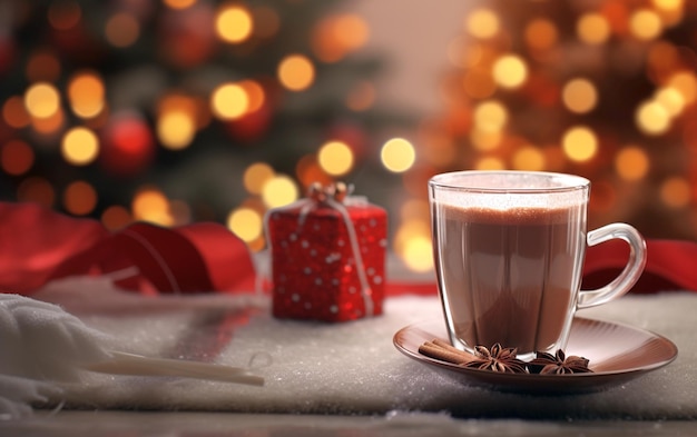 Hotel room decorated for Christmas Coffee chocolate mug in the background a Christmas tree