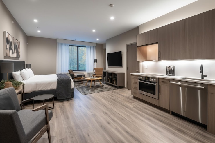 Photo hotel room interior with bedroom area living space and kitchen