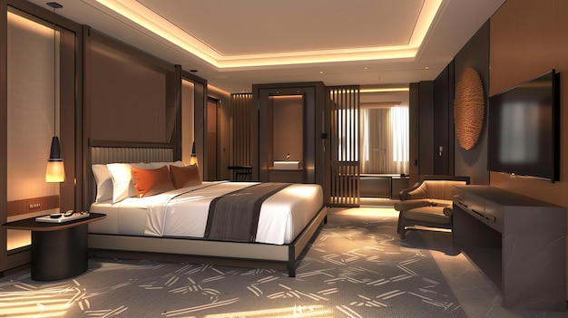 Photo the hotel room is decorated in a modern style with dark wood furniture and light walls