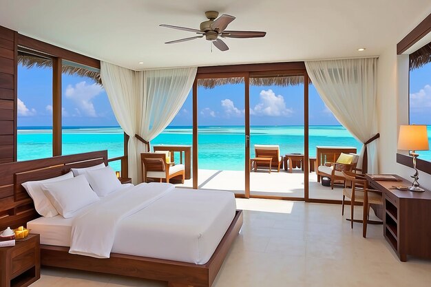 Photo hotel room at maldives vacation concept background