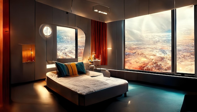 hotel room in space with a big window