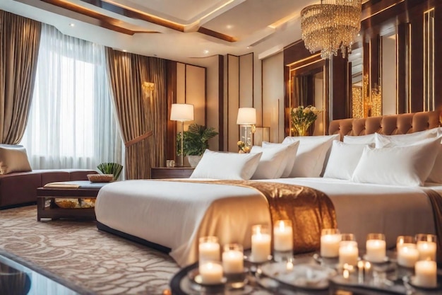 Photo a hotel room with a bed a chandelier and a chandelier