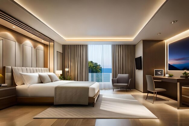 Premium AI Image | A hotel room with a bed, a desk, and a window with a  view of the ocean.