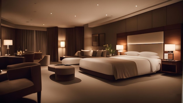 ベッドとランプのあるホテルの部屋
